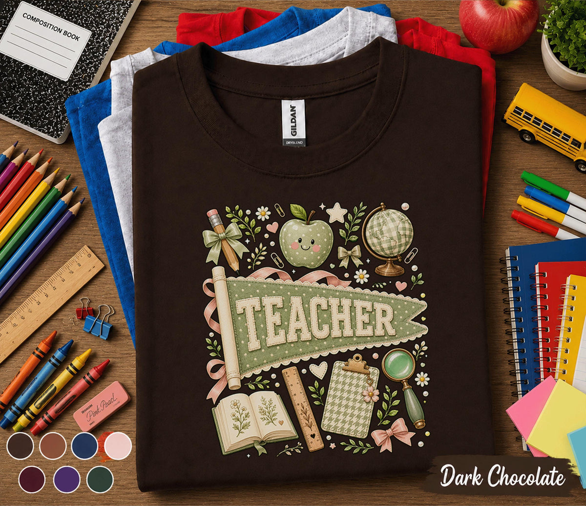 Teacher Pennant Shirt, Cute Coquette Teacher Tee, Vintage School Aesthetic T-Shirt, Floral Classroom Apparel, Back to School Teacher Gift