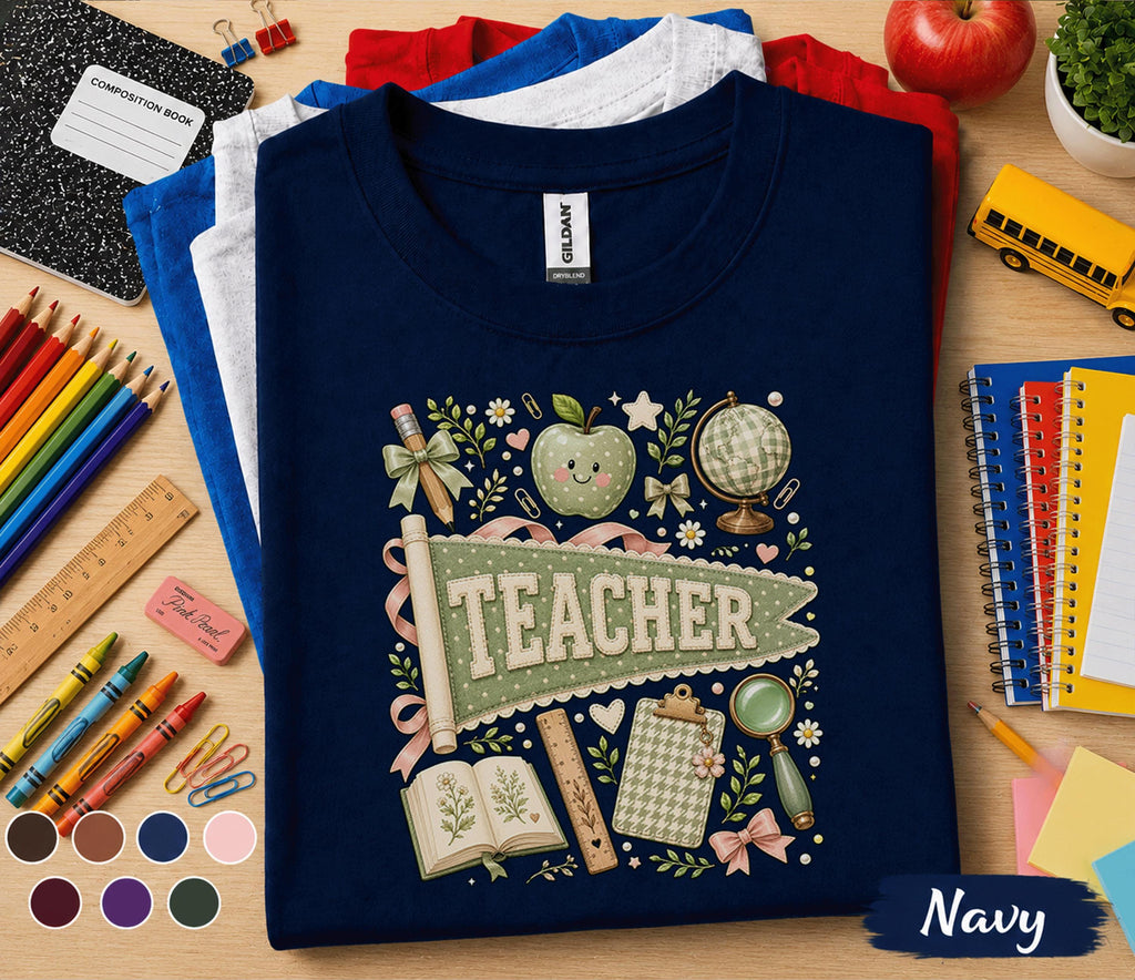 Teacher Pennant Shirt, Cute Coquette Teacher Tee, Vintage School Aesthetic T-Shirt, Floral Classroom Apparel, Back to School Teacher Gift