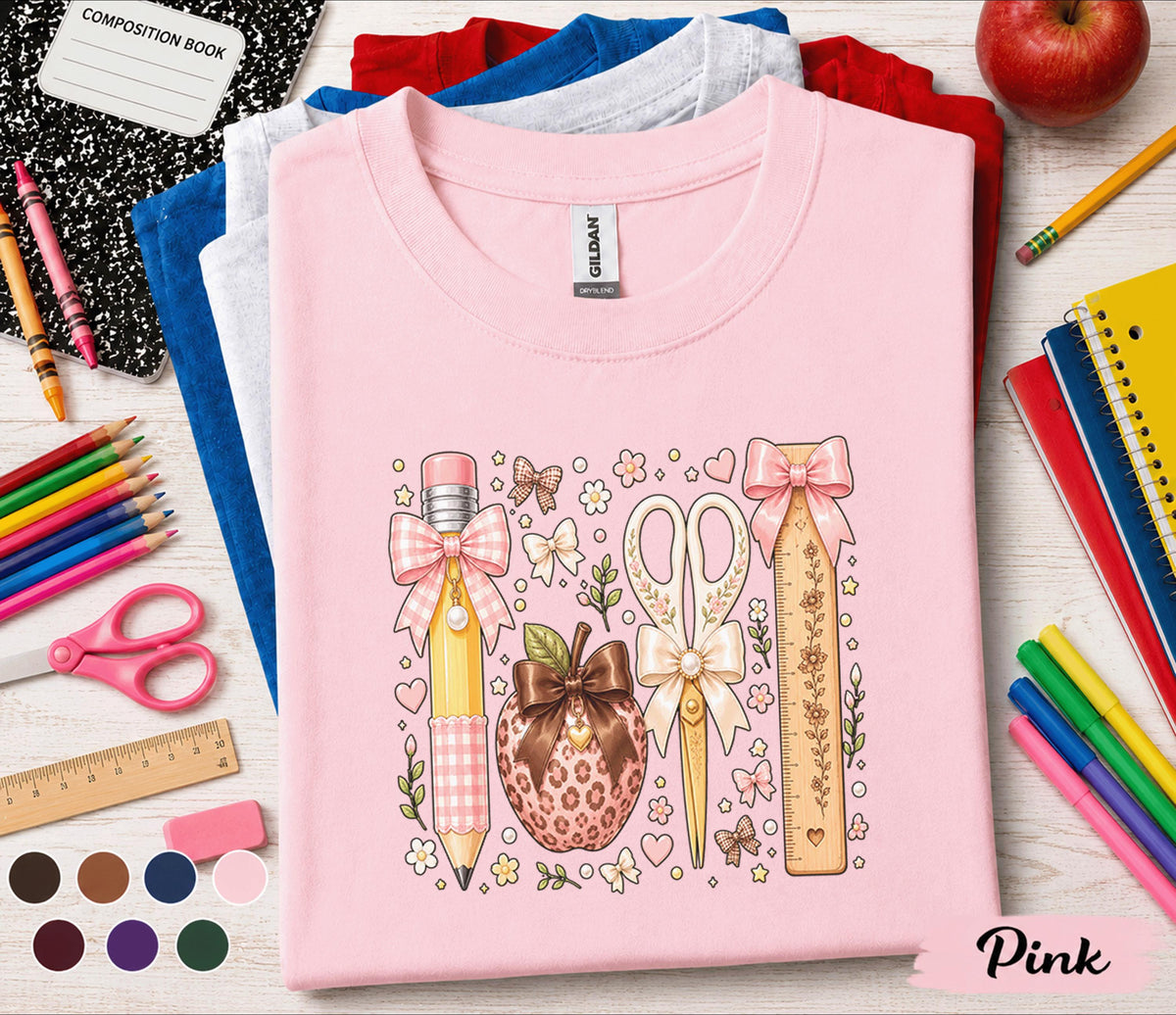 Coquette Teacher Shirt, Cute School Supplies Bow Tee, Classroom Floral Pencil Scissors Ruler T-Shirt, Back to School Teacher Gift Educators