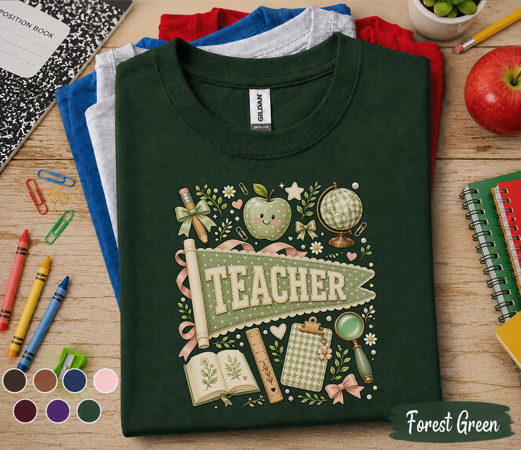 Teacher Pennant Shirt, Cute Coquette Teacher Tee, Vintage School Aesthetic T-Shirt, Floral Classroom Apparel, Back to School Teacher Gift