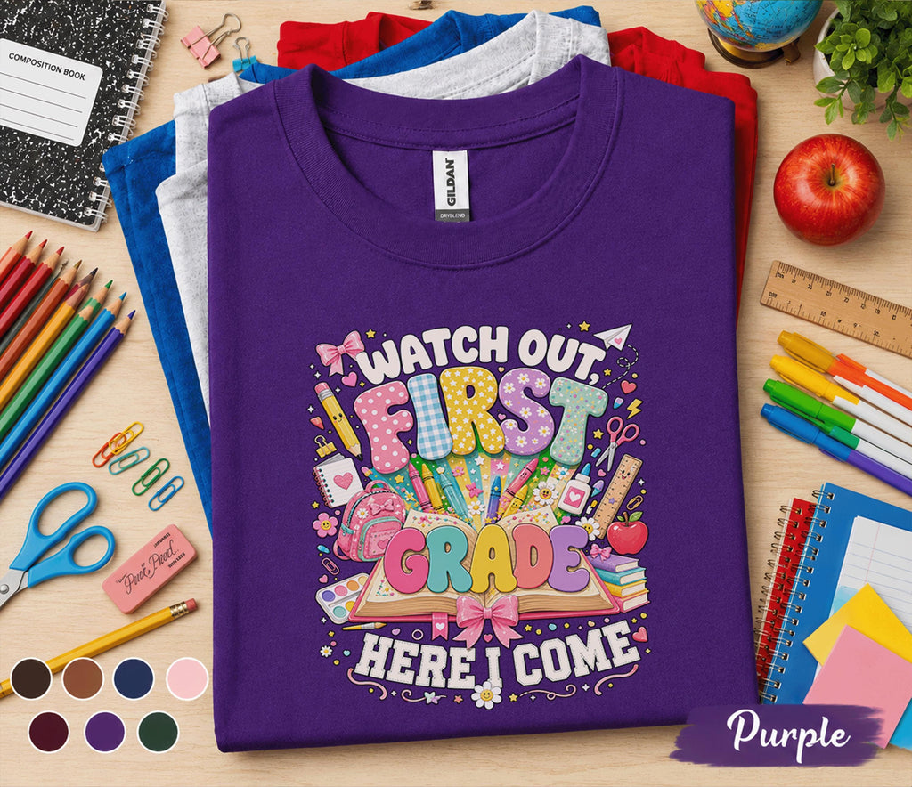 Watch Out First Grade Here I Come Shirt, First Grade Back to School Tee, First Day of School T-Shirt, Cute Student Gift