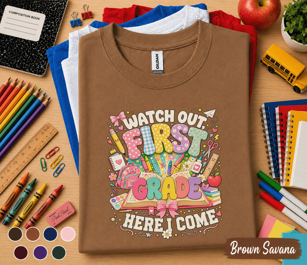 Watch Out First Grade Here I Come Shirt, First Grade Back to School Tee, First Day of School T-Shirt, Cute Student Gift