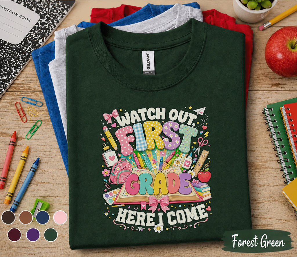 Watch Out First Grade Here I Come Shirt, First Grade Back to School Tee, First Day of School T-Shirt, Cute Student Gift