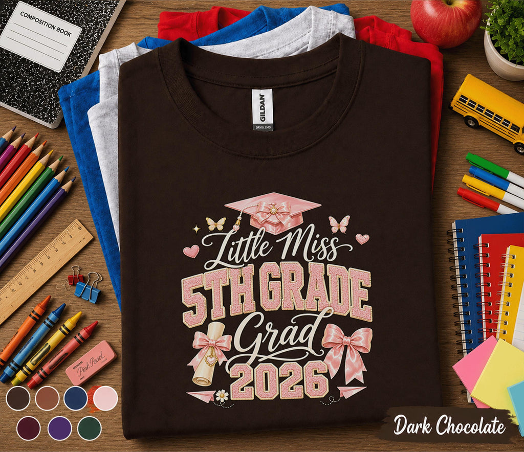 Little Miss 5th Grade Grad 2026 Shirt, Pink Bow Graduation Cap Tee, Girl Back to School Fifth Grade Graduate Gift, Cute Coquette Shirt