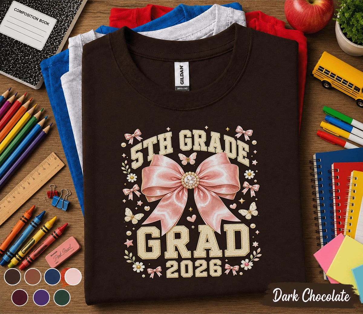 5th Grade Grad 2026 Shirt, Cute Pink Bow Graduation Tee, Back to School Fifth Grade Graduate Gift, Coquette Student Graduation Shirt Girls