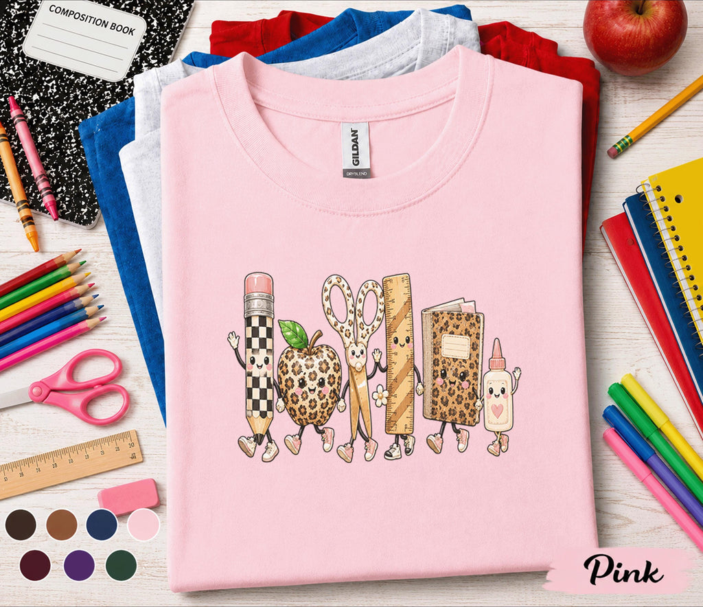 Cute Back to School Shirt, Leopard School Supplies Teacher Tee, Pencil Apple Scissors Book Glue Design, First Day of School Gift Shirt