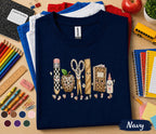Cute Back to School Shirt, Leopard School Supplies Teacher Tee, Pencil Apple Scissors Book Glue Design, First Day of School Gift Shirt