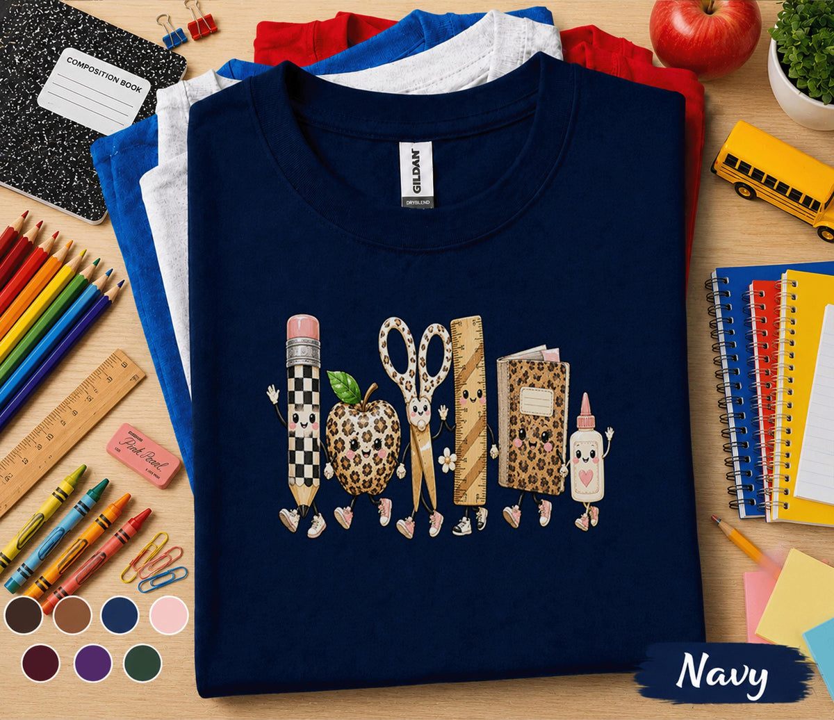 Cute Back to School Shirt, Leopard School Supplies Teacher Tee, Pencil Apple Scissors Book Glue Design, First Day of School Gift Shirt