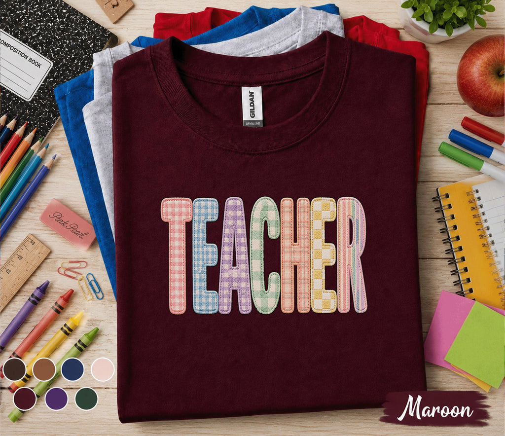 Gift Teacher Shirt Pastel Gingham Lettering Tee, Cute Back to School Teacher Gift, First Day of School Shirt, Colorful Teacher Appreciation