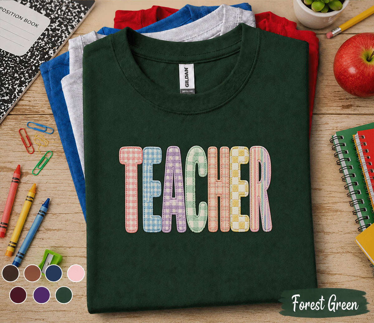 Gift Teacher Shirt Pastel Gingham Lettering Tee, Cute Back to School Teacher Gift, First Day of School Shirt, Colorful Teacher Appreciation