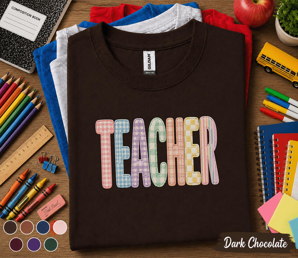 Gift Teacher Shirt Pastel Gingham Lettering Tee, Cute Back to School Teacher Gift, First Day of School Shirt, Colorful Teacher Appreciation