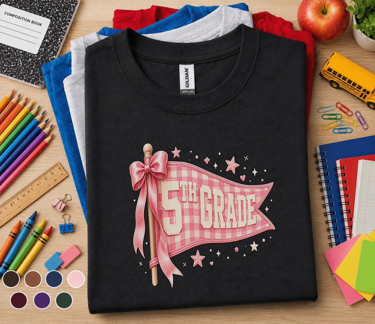 5th Grade Pennant Flag Shirt, Pink Coquette Back to School Tee