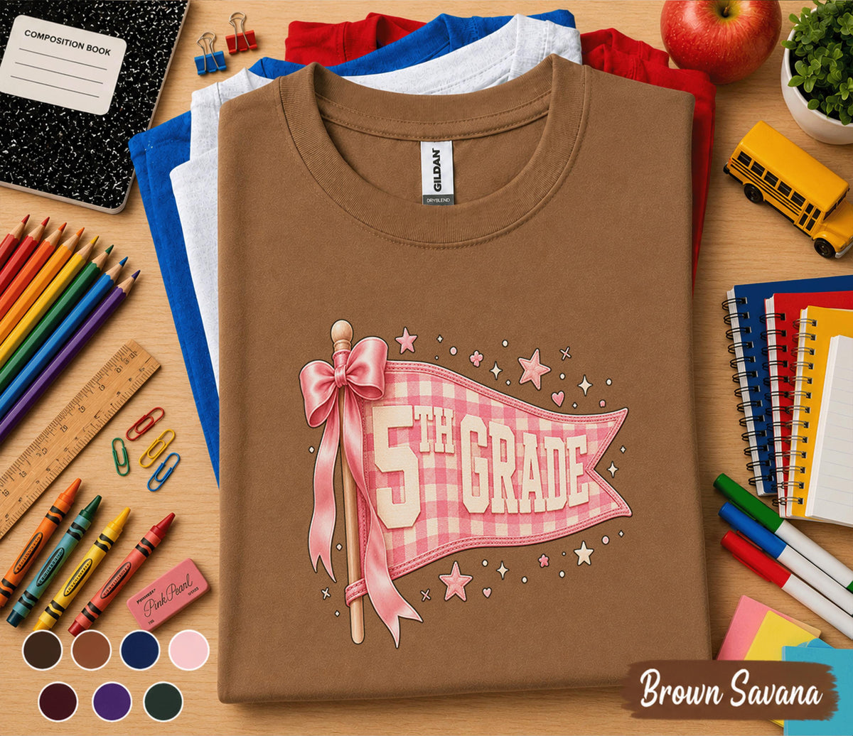 5th Grade Pennant Flag Shirt, Pink Coquette Back to School Tee, Cute Gingham Fifth Grade Student Shirt, First Day School Gift for Girls