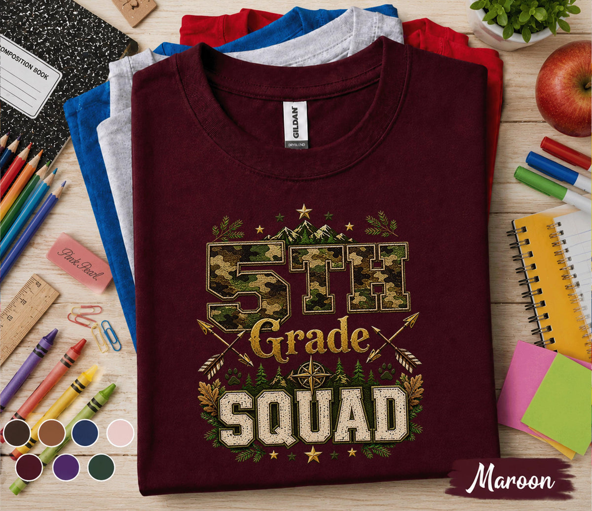5th Grade Squad Shirt, Camo Back to School Tee, Adventure Fifth Grade Student Shirt, First Day of School Gift, Outdoor Woodland Kids Tee