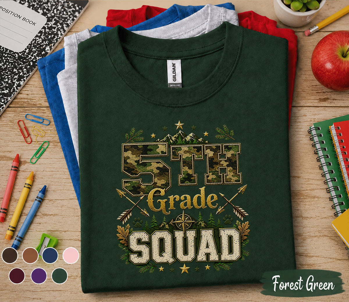 5th Grade Squad Shirt, Camo Back to School Tee, Adventure Fifth Grade Student Shirt, First Day of School Gift, Outdoor Woodland Kids Tee