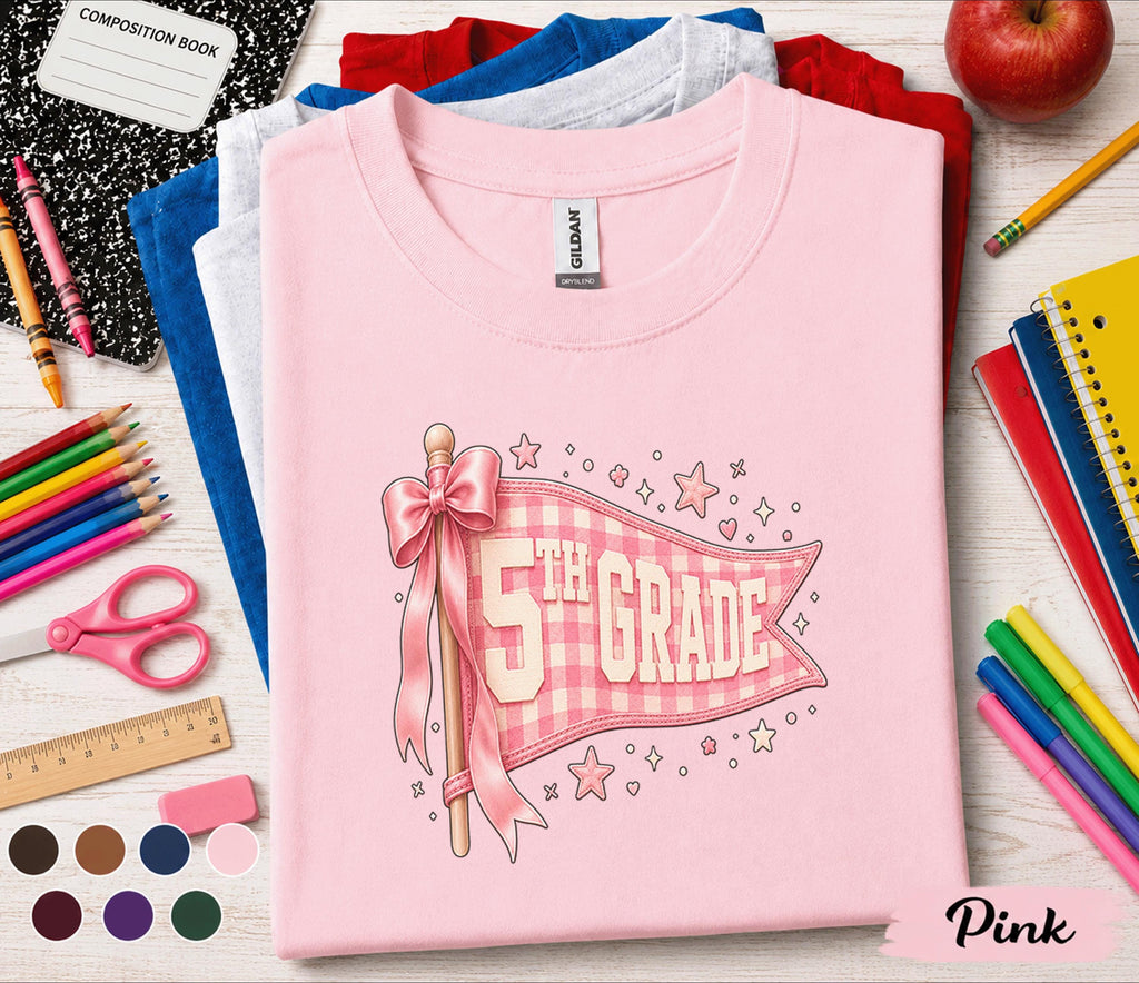 5th Grade Pennant Flag Shirt, Pink Coquette Back to School Tee, Cute Gingham Fifth Grade Student Shirt, First Day School Gift for Girls