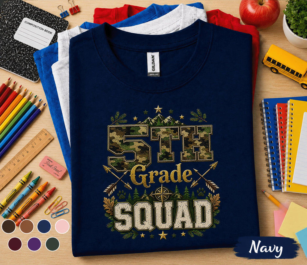 5th Grade Squad Shirt, Camo Back to School Tee, Adventure Fifth Grade Student Shirt, First Day of School Gift, Outdoor Woodland Kids Tee