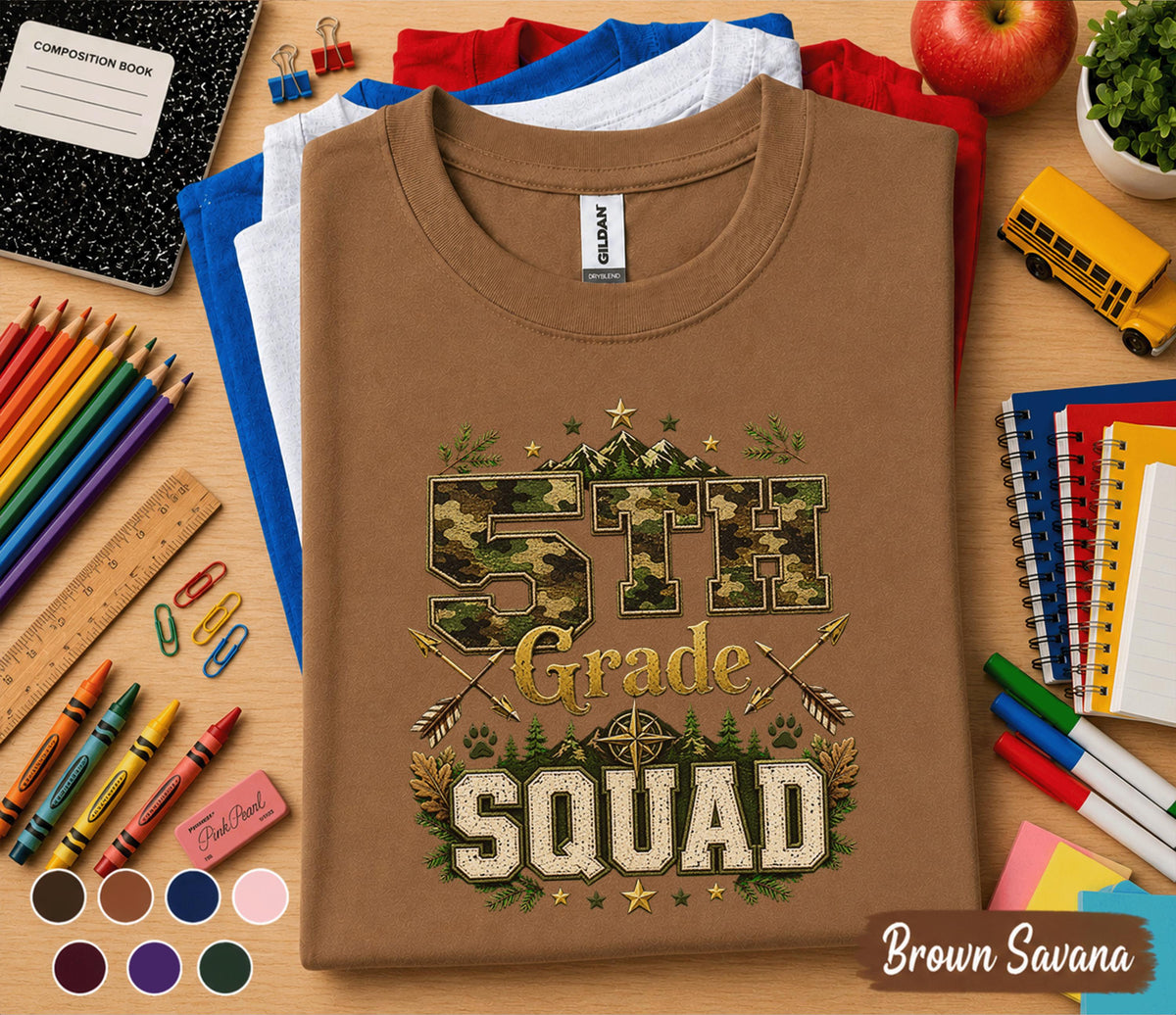 5th Grade Squad Shirt, Camo Back to School Tee, Adventure Fifth Grade Student Shirt, First Day of School Gift, Outdoor Woodland Kids Tee