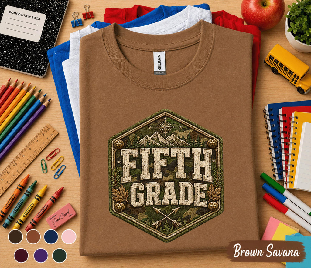 Fifth Grade Camo Shirt, Outdoor Adventure Back to School Tee, 5th Grade Woodland Student Gift, First Day School Hiking Mountain Camo Shirt