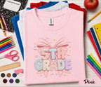 5th Grade Bow Shirt, Cute Coquette Back to School Tee, Pink Gingham Fifth Grade Student Shirt, First Day of School Girl Gift