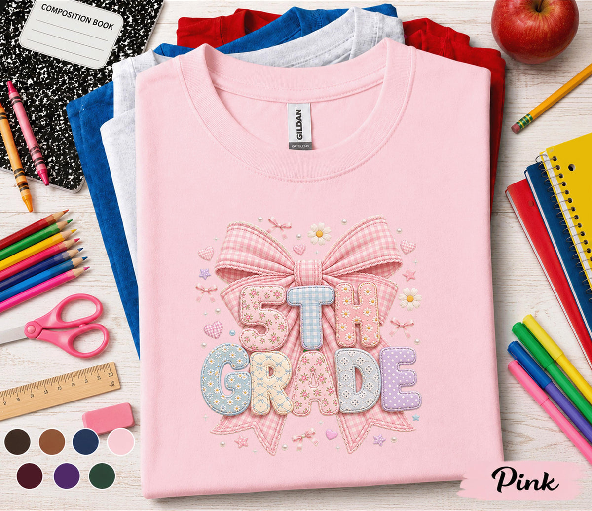 5th Grade Bow Shirt, Cute Coquette Back to School Tee, Pink Gingham Fifth Grade Student Shirt, First Day of School Girl Gift