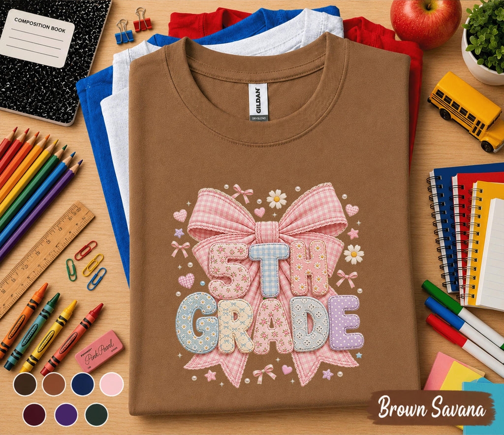 5th Grade Bow Shirt, Cute Coquette Back to School Tee, Pink Gingham Fifth Grade Student Shirt, First Day of School Girl Gift