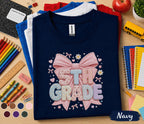 5th Grade Bow Shirt, Cute Coquette Back to School Tee, Pink Gingham Fifth Grade Student Shirt, First Day of School Girl Gift
