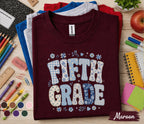 Fifth Grade Shirt, Blue Floral Patchwork Back to School Tee, Cute 5th Grade Student Gift, First Day of School Floral Lettering Shirt