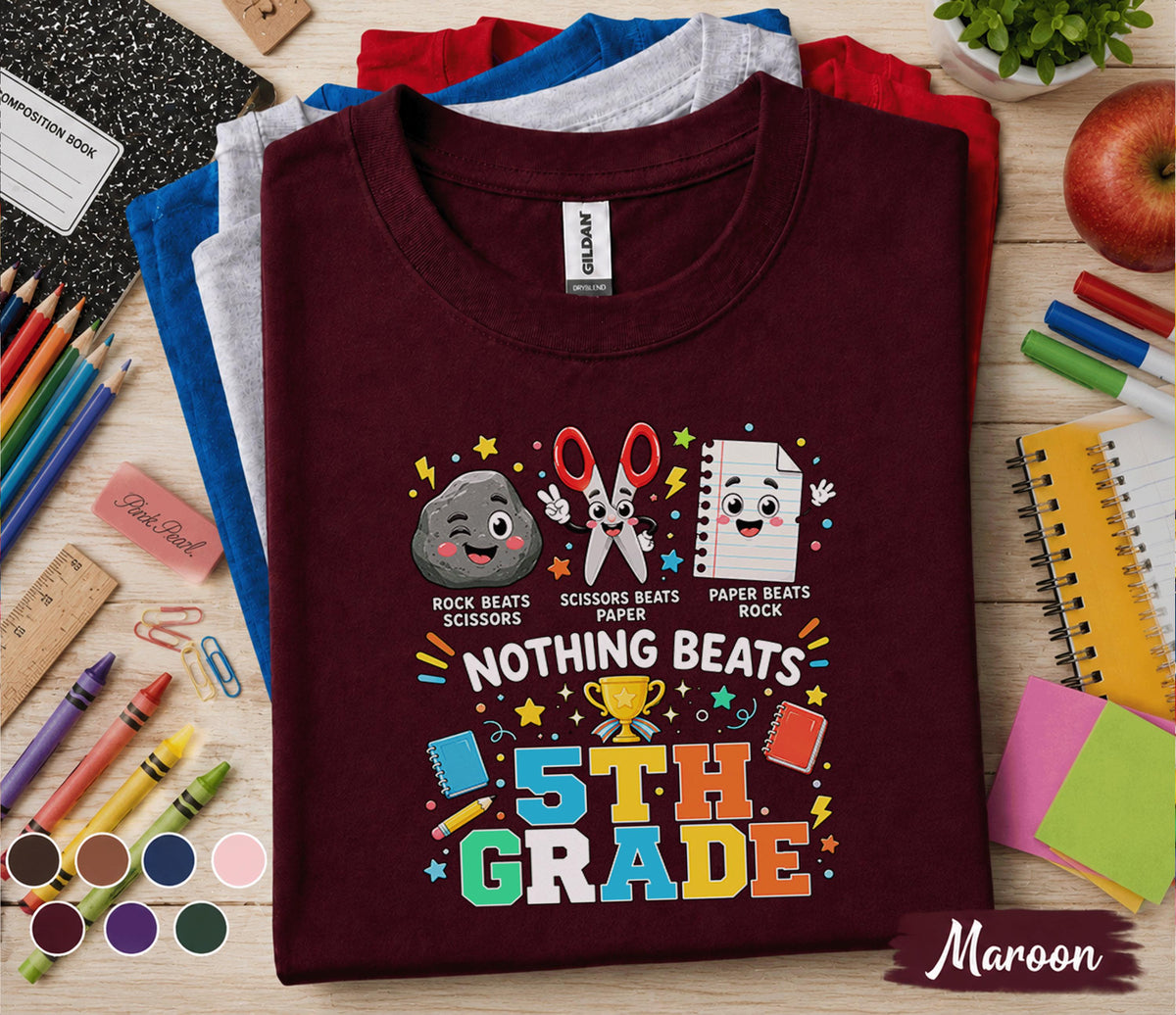 Nothing Beats 5th Grade Shirt, Rock Paper Scissors Back to School Tee, Funny First Day of Fifth Grade Student Gift, Cute School Outfit