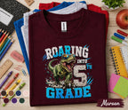 Roaring Into 5th Grade Shirt, Dinosaur Back to School Tee, Cool T-Rex First Day of School Shirt, Fifth Grade Student Gift, Boys Dino Outfit