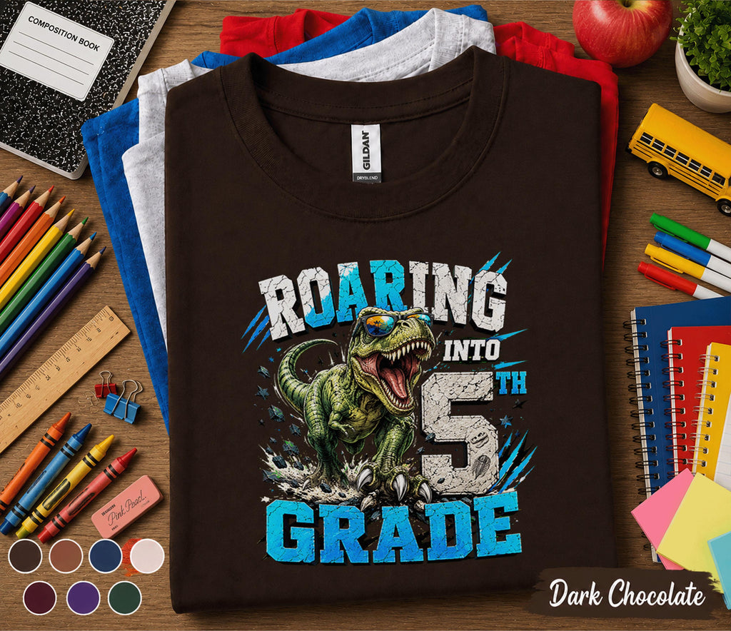 Roaring Into 5th Grade Shirt, Dinosaur Back to School Tee, Cool T-Rex First Day of School Shirt, Fifth Grade Student Gift, Boys Dino Outfit