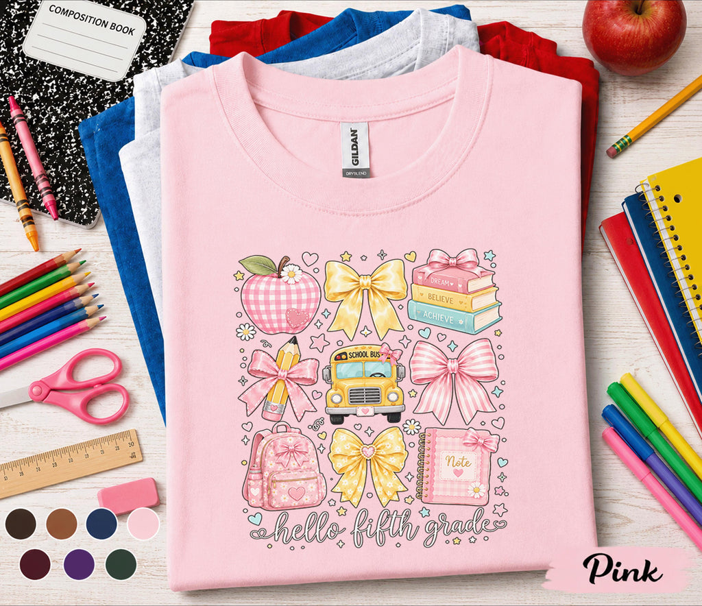 Hello Fifth Grade Shirt, Cute Coquette Back to School Tee, Pink Bow School Bus Apple Backpack, First Day of 5th Grade Student Gift Shirt