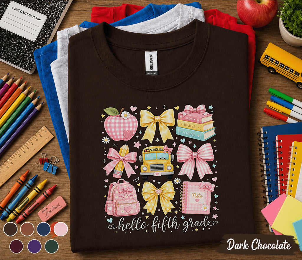 Hello Fifth Grade Shirt, Cute Coquette Back to School Tee, Pink Bow School Bus Apple Backpack, First Day of 5th Grade Student Gift Shirt