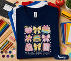 Hello Fifth Grade Shirt, Cute Coquette Back to School Tee, Pink Bow School Bus Apple Backpack, First Day of 5th Grade Student Gift Shirt