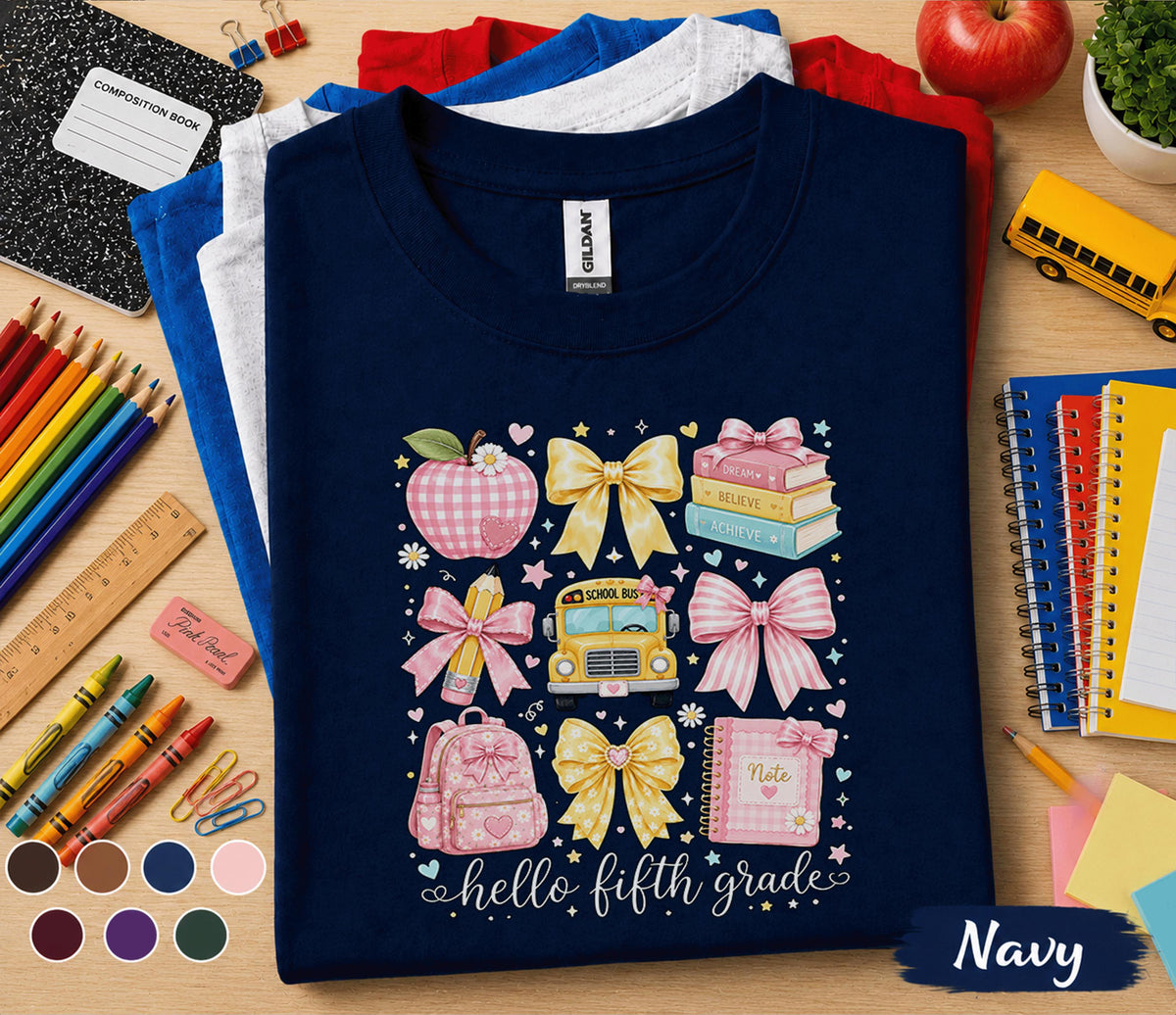 Hello Fifth Grade Shirt, Cute Coquette Back to School Tee, Pink Bow School Bus Apple Backpack, First Day of 5th Grade Student Gift Shirt