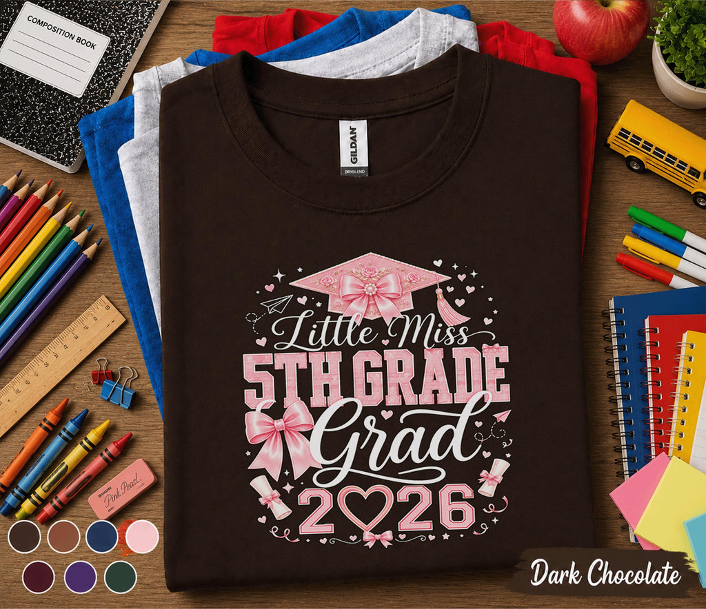 Little Miss 5th Grade Grad 2026 Shirt, Pink Bow Graduation Cap Tee, Elementary School Graduate Gift, Coquette Fifth Grade Graduation Shirt