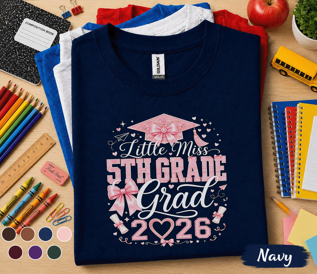 Little Miss 5th Grade Grad 2026 Shirt, Pink Bow Graduation Cap Tee, Elementary School Graduate Gift, Coquette Fifth Grade Graduation Shirt