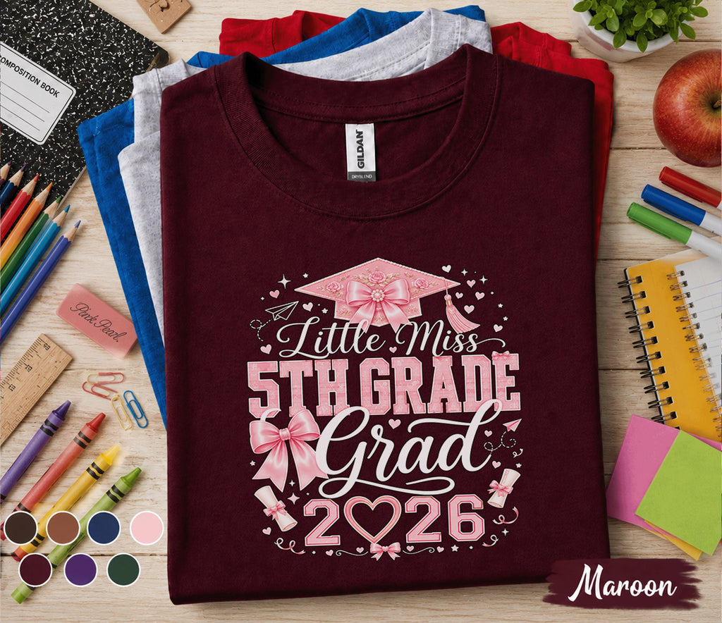 Little Miss 5th Grade Grad 2026 Shirt, Pink Bow Graduation Cap Tee, Elementary School Graduate Gift, Coquette Fifth Grade Graduation Shirt