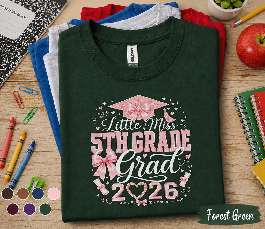 Little Miss 5th Grade Grad 2026 Shirt, Pink Bow Graduation Cap Tee, Elementary School Graduate Gift, Coquette Fifth Grade Graduation Shirt