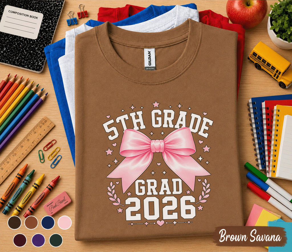 5th Grade Grad 2026 Shirt, First Day of 5th Grade Tee, Pink Bow Back to School Shirt, Fifth Grade Graduation Gift for Girl, Cute Student Tee