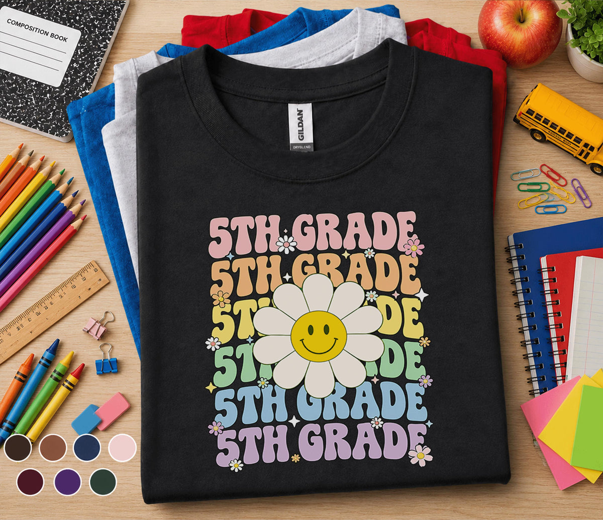 5th Grade Smiley Daisy Shirt, Retro Fifth Grade Back to School Tee