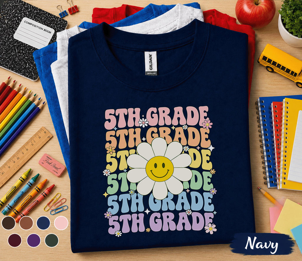 5th Grade Smiley Daisy Shirt, Retro Fifth Grade Back to School Tee, Cute First Day of 5th Grade Shirt, Rainbow Floral Student Gift
