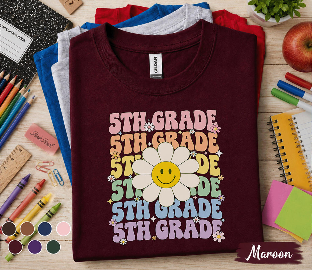 5th Grade Smiley Daisy Shirt, Retro Fifth Grade Back to School Tee, Cute First Day of 5th Grade Shirt, Rainbow Floral Student Gift