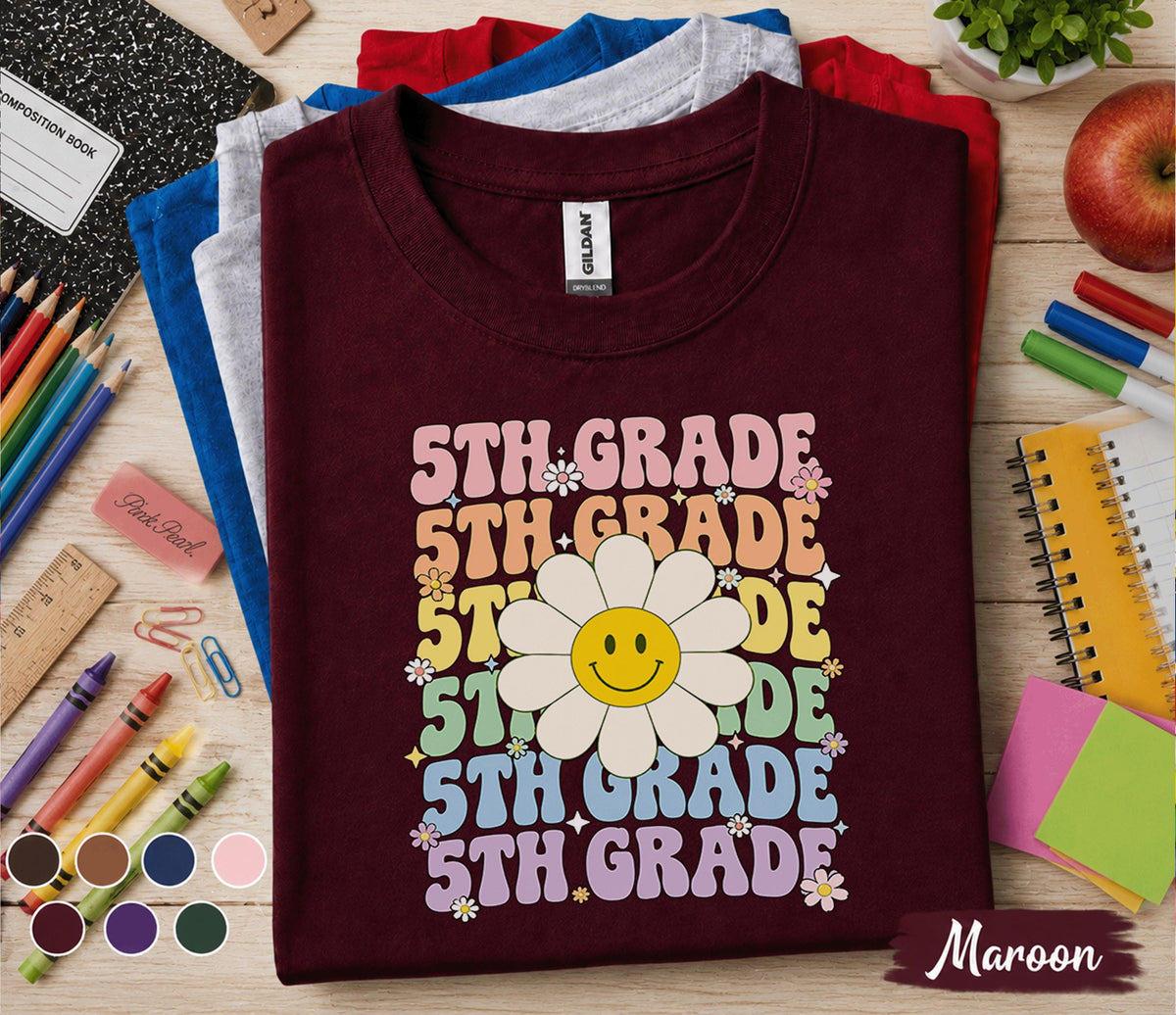 5th Grade Smiley Daisy Shirt, Retro Fifth Grade Back to School Tee, Cute First Day of 5th Grade Shirt, Rainbow Floral Student Gift