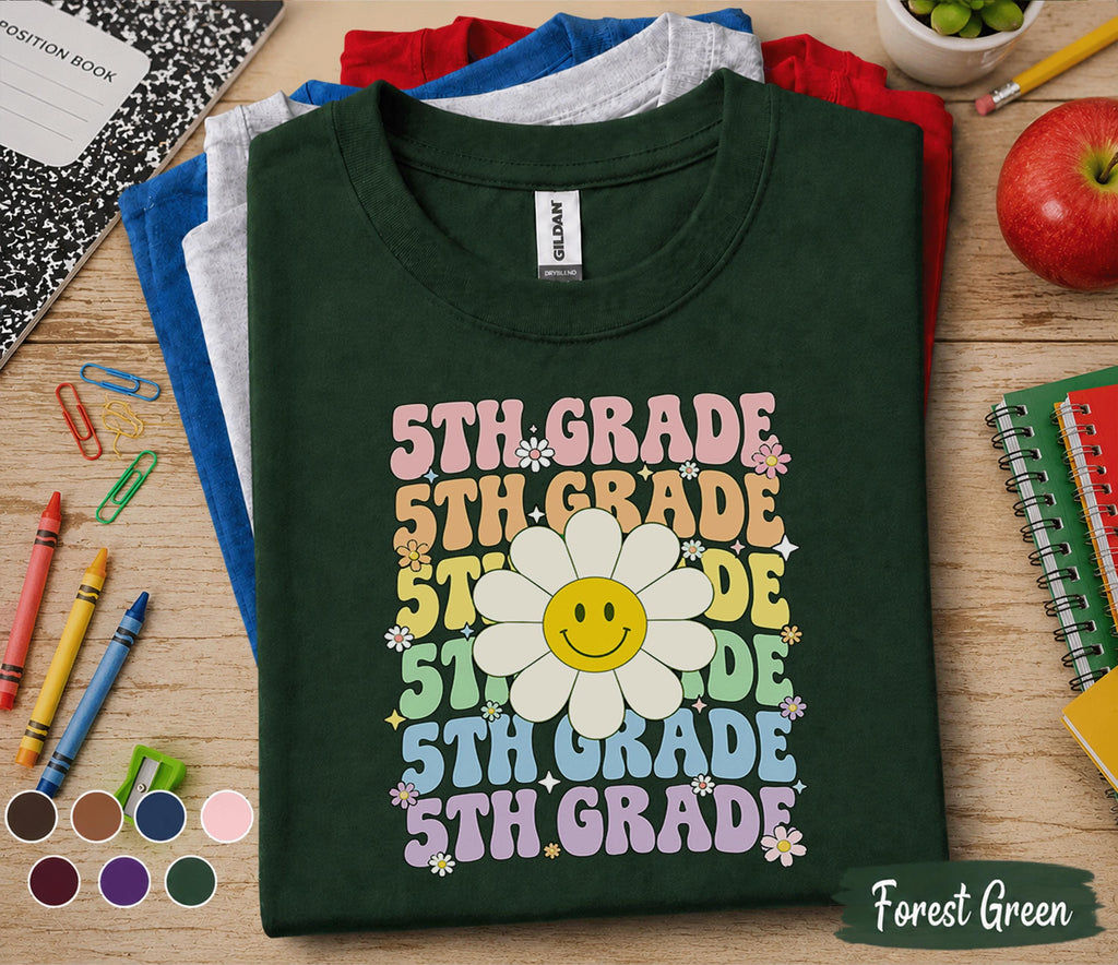 5th Grade Smiley Daisy Shirt, Retro Fifth Grade Back to School Tee, Cute First Day of 5th Grade Shirt, Rainbow Floral Student Gift