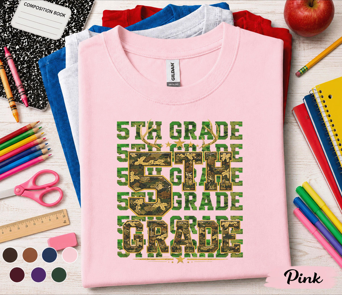 5th Grade Camo Hunting Shirt, Back to School Fifth Grade Tee, Deer Antler First Day of School Shirt, Hunter Student Gift, Woodland Camo Kids