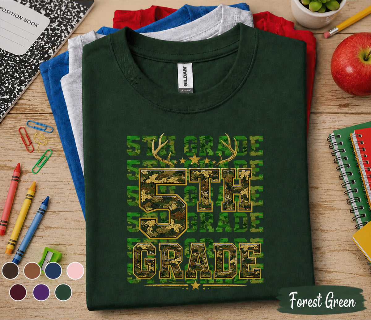 5th Grade Camo Hunting Shirt, Back to School Fifth Grade Tee, Deer Antler First Day of School Shirt, Hunter Student Gift, Woodland Camo Kids