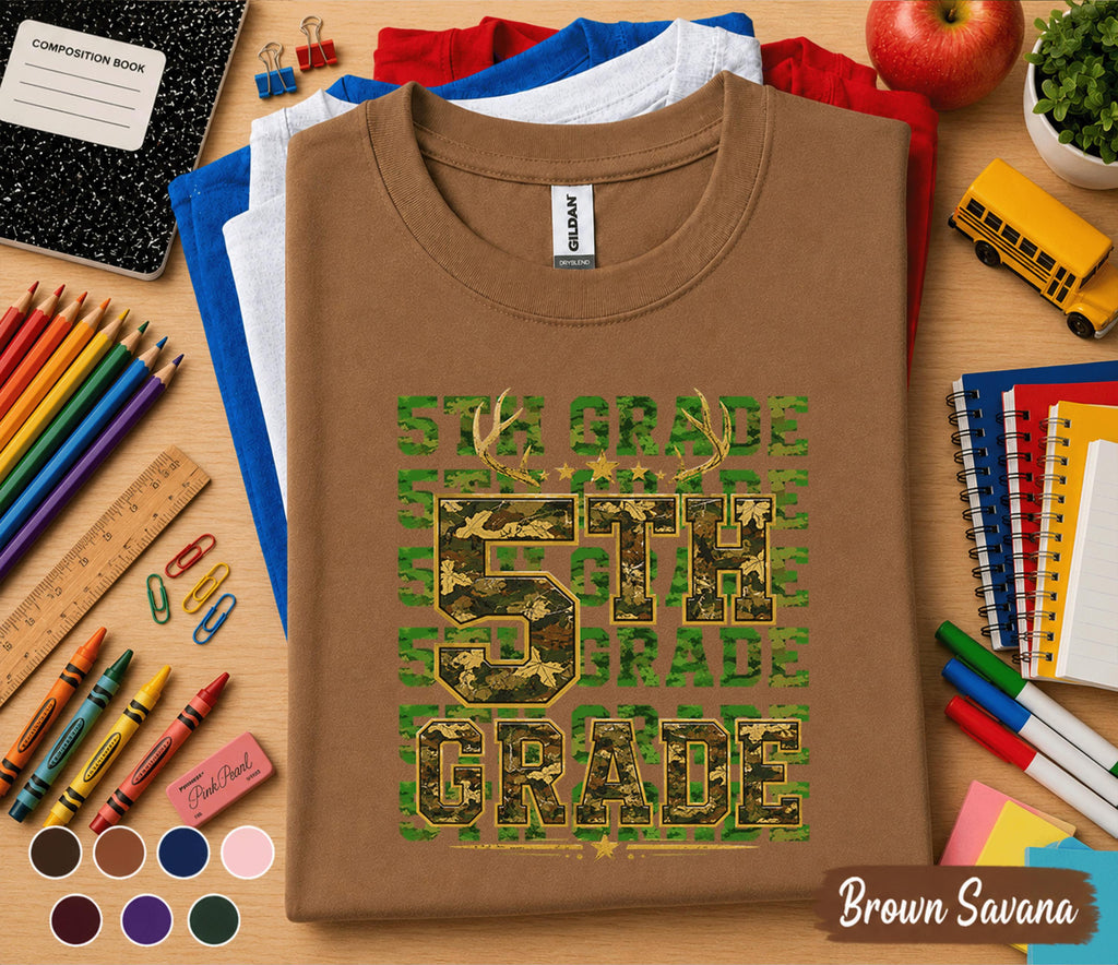 5th Grade Camo Hunting Shirt, Back to School Fifth Grade Tee, Deer Antler First Day of School Shirt, Hunter Student Gift, Woodland Camo Kids