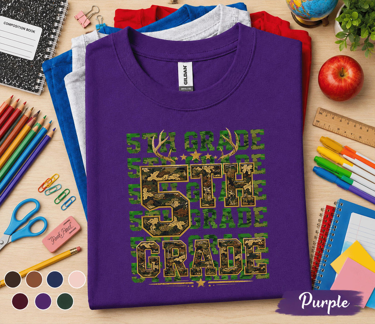 5th Grade Camo Hunting Shirt, Back to School Fifth Grade Tee, Deer Antler First Day of School Shirt, Hunter Student Gift, Woodland Camo Kids