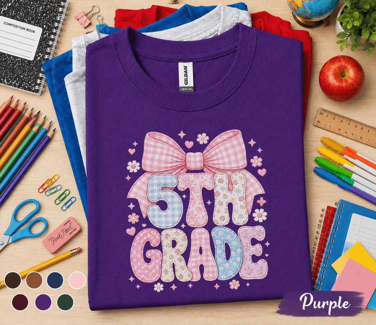 5th Grade Bow Shirt, Coquette Fifth Grade Tee, Pink Bow Back to School Shirt, First Day of School Outfit, Cute Girls 5th Grade Gift Tee